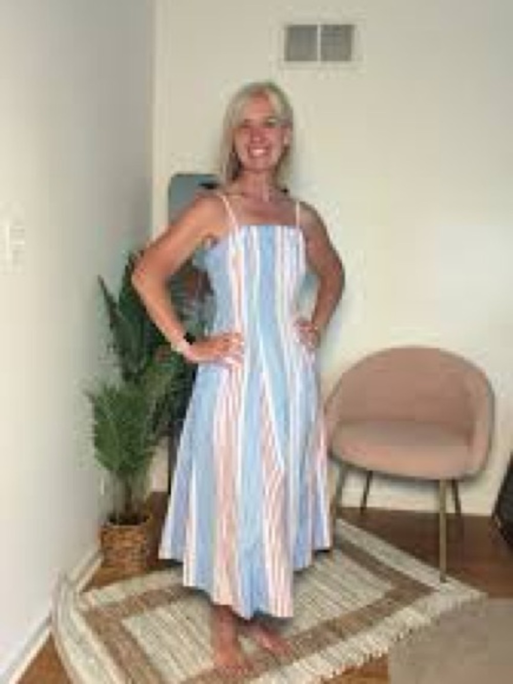 Free Assembly Blue & White Striped Spaghetti Strap Midi Dress with Red Accents - Picture 6 of 13